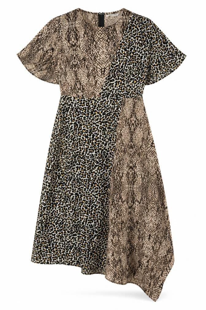 Front view of Glamorous women’s brown animal print polyester a-line, size UK 8, crew neck zip