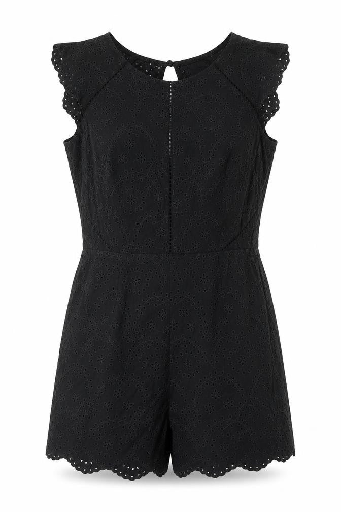 Front view of figleaves women’s black cotton playsuit one-piece, size UK 10, button