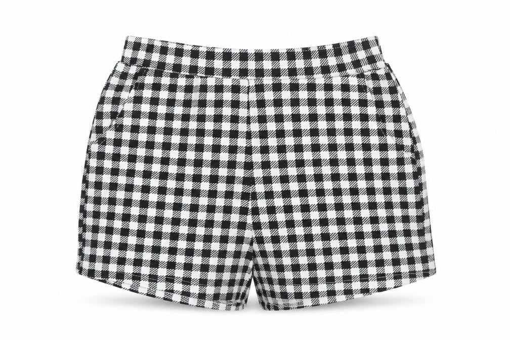 Front view of SHEIN women’s black geometric polyester hot pants shorts, size S, 5-inch leg regular pull on