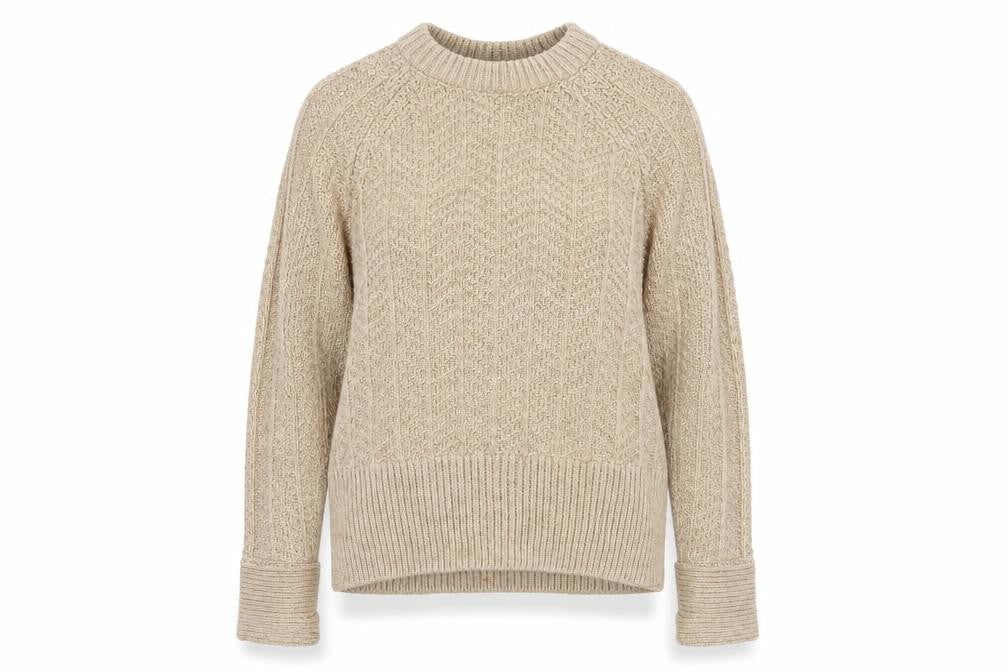 Front view of H&M women’s beige crew neck acrylic jumper, size XS