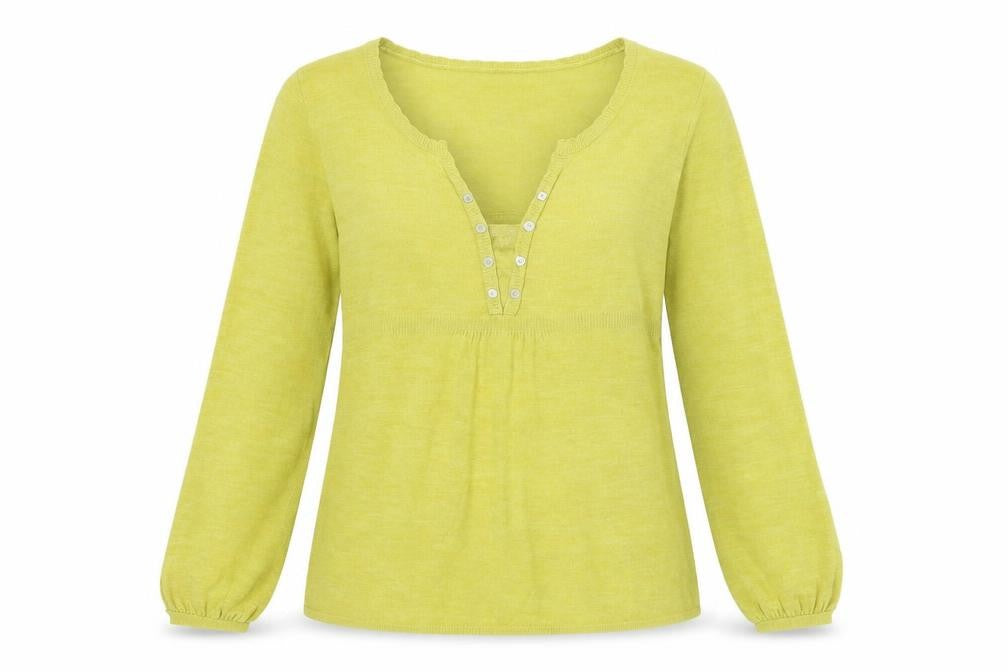 Front view of Per Una women’s green acrylic basic blouse, size UK 14, v-neck