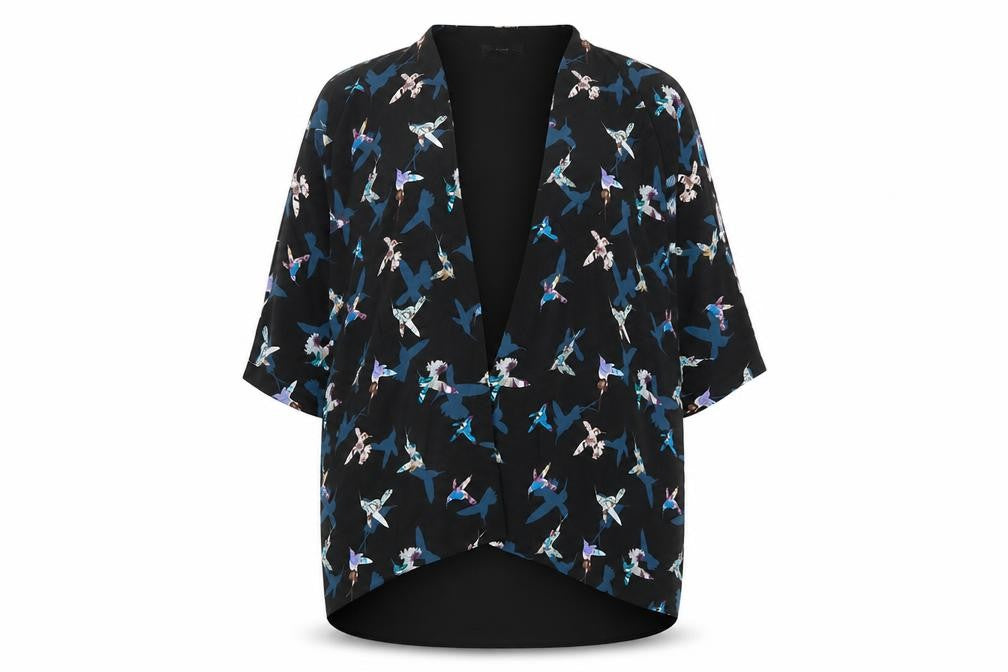 Front view of Oasis women’s black v-neck geometric polyester cardigan jumper, size UK 10, - hummingbirds pattern