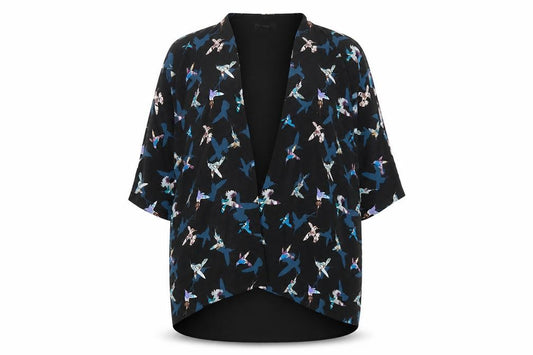 Front view of Oasis women’s black v-neck geometric polyester cardigan jumper, size UK 10, - hummingbirds pattern