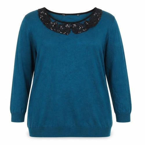 Preworn Womens Blue Round Neck Viscose Pullover Jumper Size 16 - Lace Collar