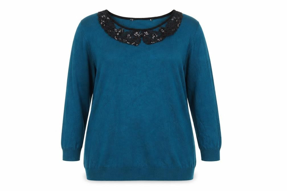 Preworn Womens Blue Round Neck Viscose Pullover Jumper Size 16 - Lace Collar