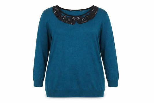 Front view of Preworn women’s blue round neck viscose jumper, size UK 16, - lace collar