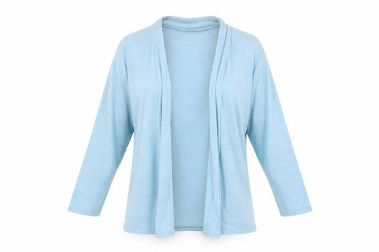 Front view of Preworn women’s blue v-neck lyocell cardigan jumper, size L