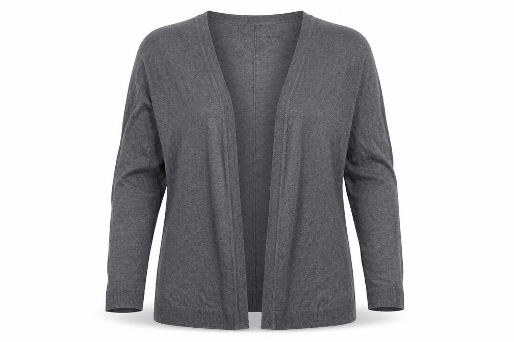 Front view of H&M women’s grey v-neck viscose cardigan jumper, size M