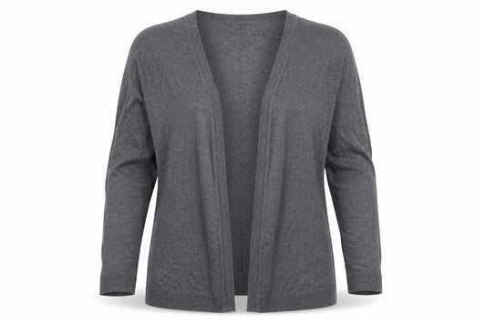 Front view of H&M women’s grey v-neck viscose cardigan jumper, size M