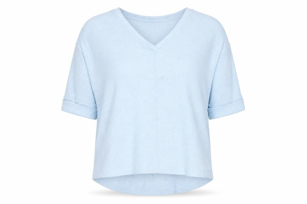 Front view of Tu women’s blue v-neck viscose jumper, size UK 12