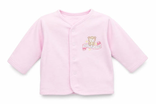 Front view of Just Too Cute Baby Pink Cotton Cardigan Jumper, size 0-3, Months Snap - Little one