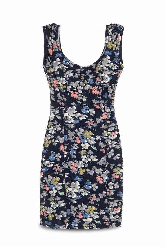 Front view of French Connection women’s multicoloured floral viscose mini, size UK 8, v-neck pullover