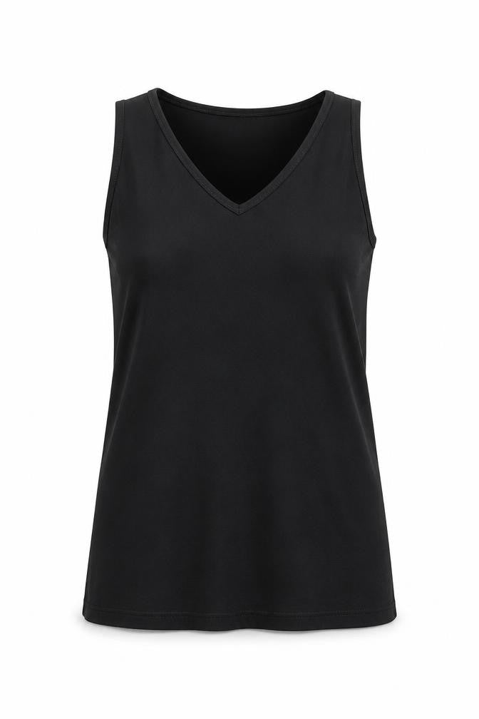 Front view of ASOS women’s black polyester basic tank, size UK 8, round neck