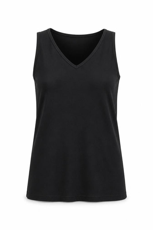 Front view of ASOS women’s black polyester basic tank, size UK 8, round neck