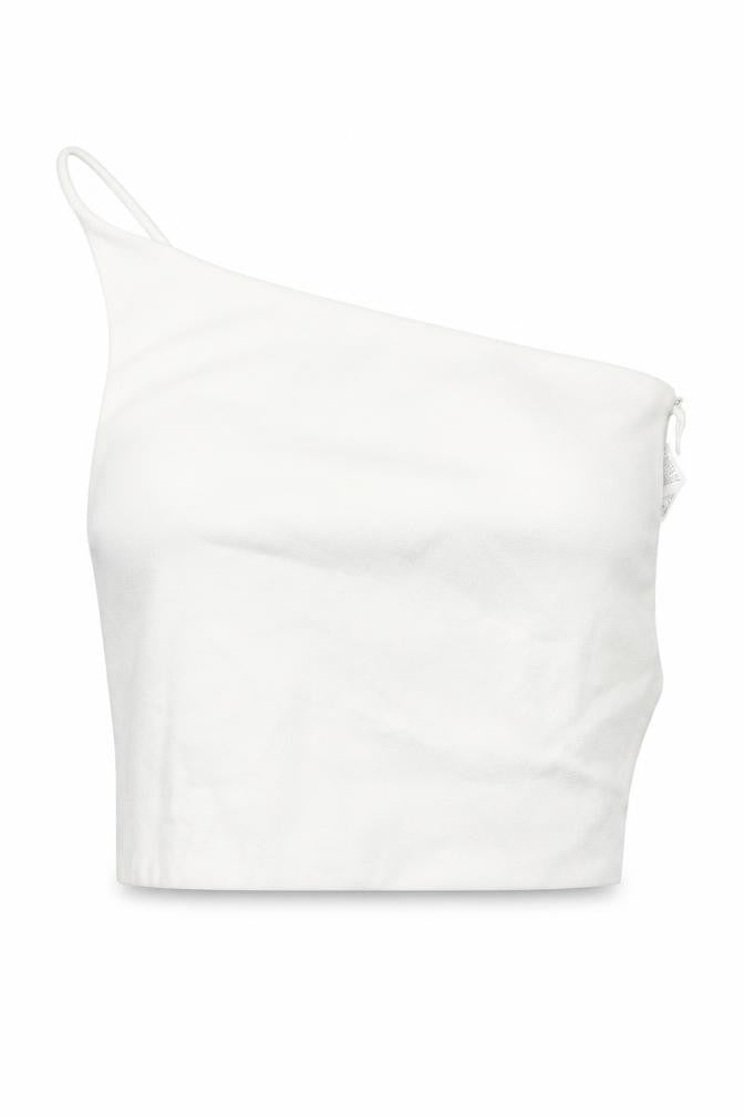 Front view of Zara women’s white polyester cropped t-shirt, size S, one shoulder