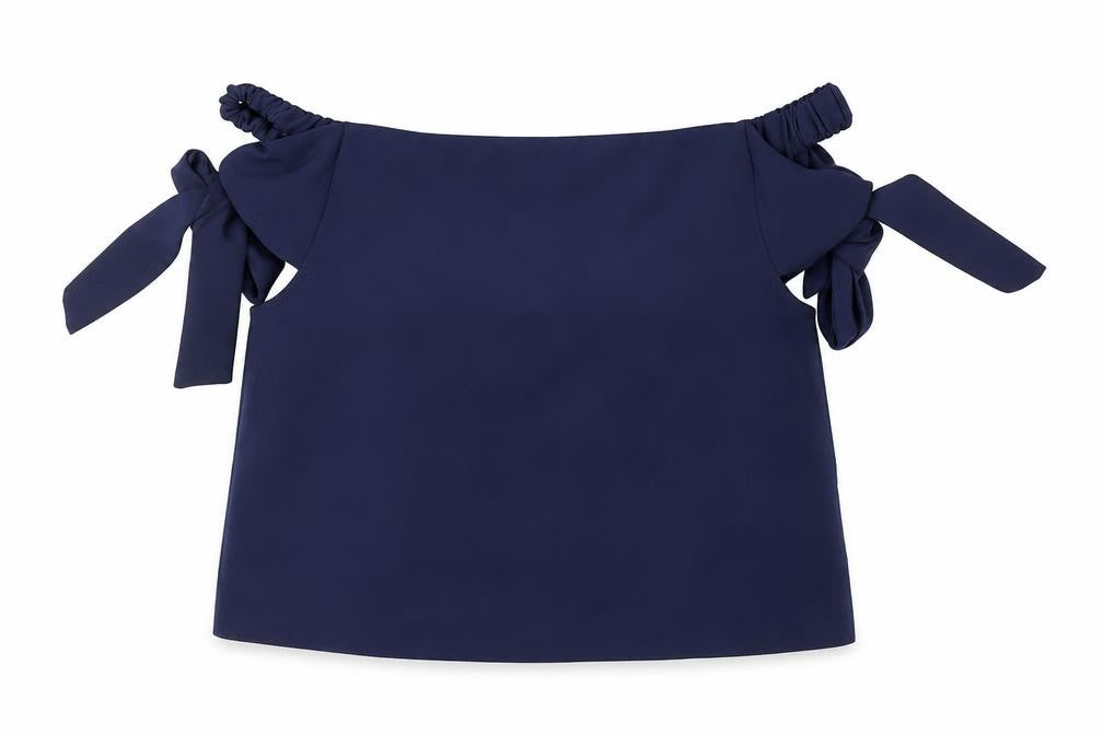 Front view of Topshop women’s blue polyester basic blouse, size UK 10, off the shoulder