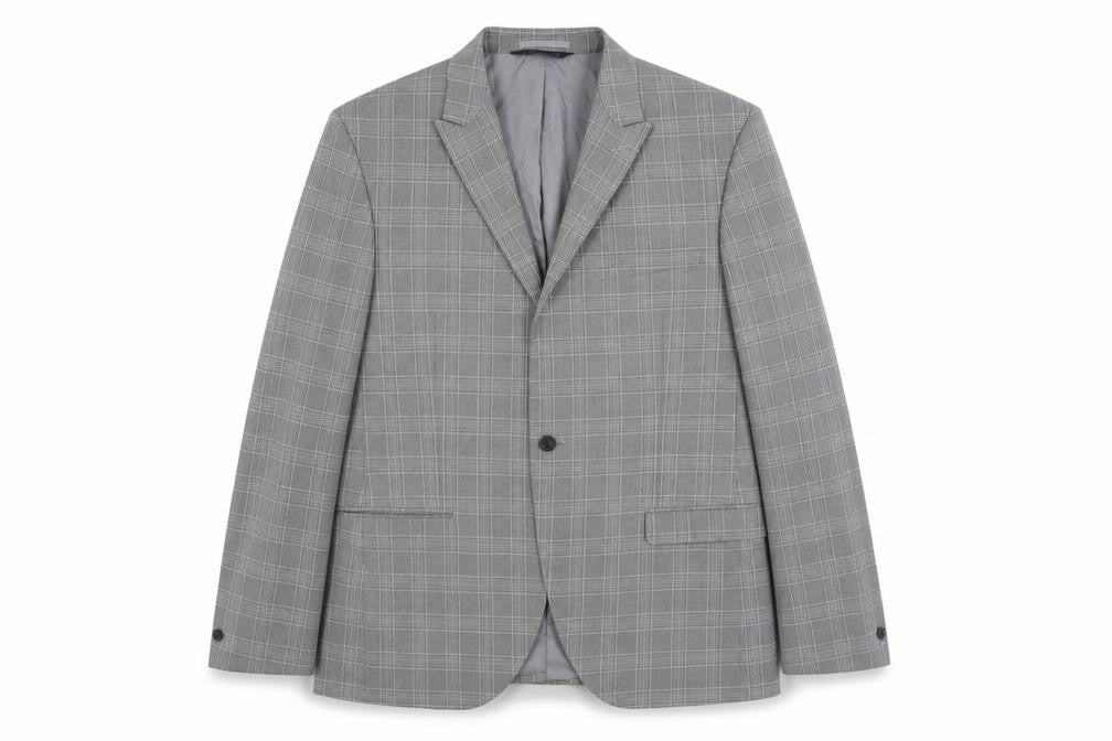 Front view of Marks & Spencer men’s grey plaid polyester jacket suit jacket, size 44