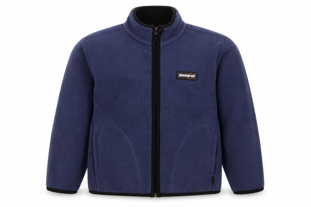 Front view of PlanetProof boys’ blue jacket, size 7-8, years zip