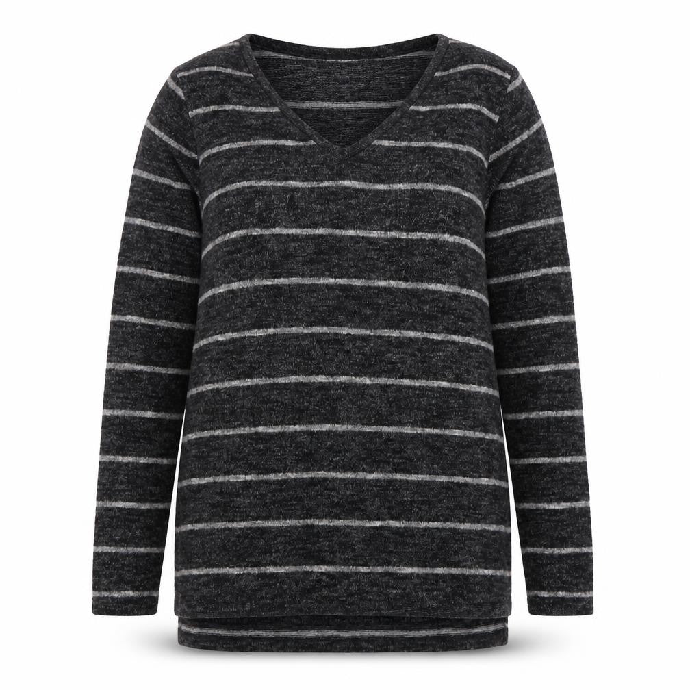 Front view of Next women’s grey v-neck striped polyester jumper, size UK 12