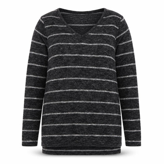 Front view of Next women’s grey v-neck striped polyester jumper, size UK 12