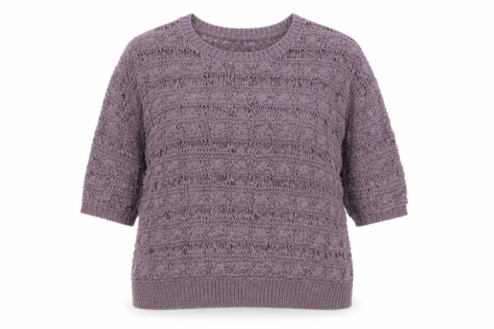 Front view of Papaya women’s purple round neck acrylic jumper, size UK 14