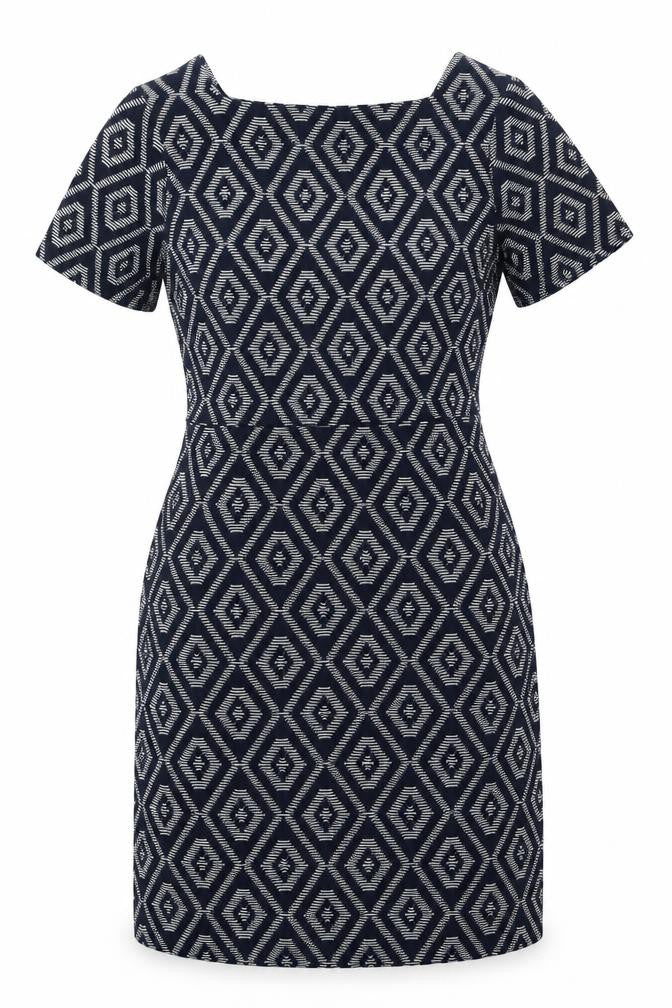 Front view of Next women’s blue geometric polyester sheath, size UK 6, round neck pullover