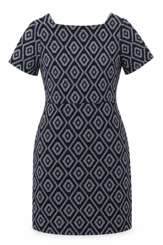 Front view of Next women’s blue geometric polyester sheath, size UK 6, round neck pullover