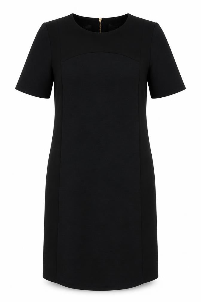 Front view of Warehouse women’s black polyester sheath, size UK 10, round neck zip
