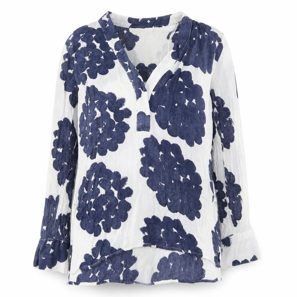 Front view of H&M women’s blue geometric viscose basic button-up, size UK 6, v-neck