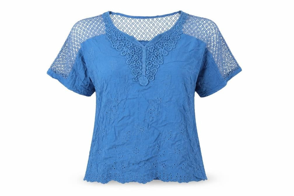 Front view of Preworn women’s blue cotton basic blouse, size XL, v-neck