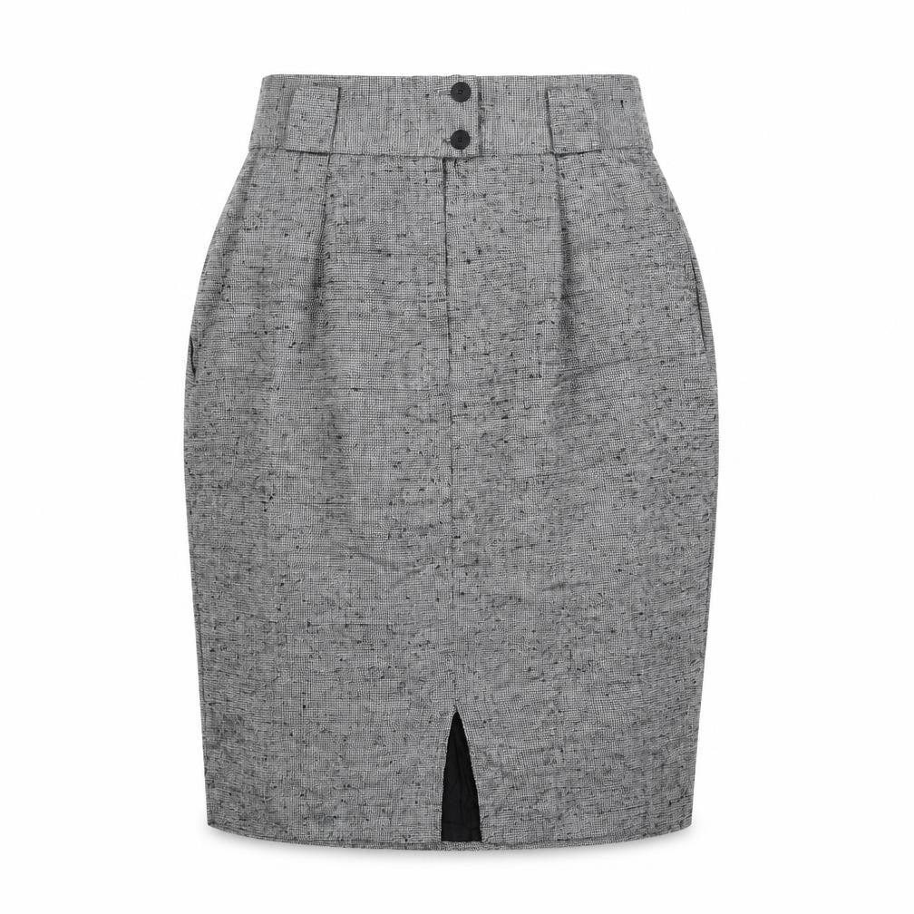 Front view of Briggs women’s grey polyester mini skirt, size UK 8, zip