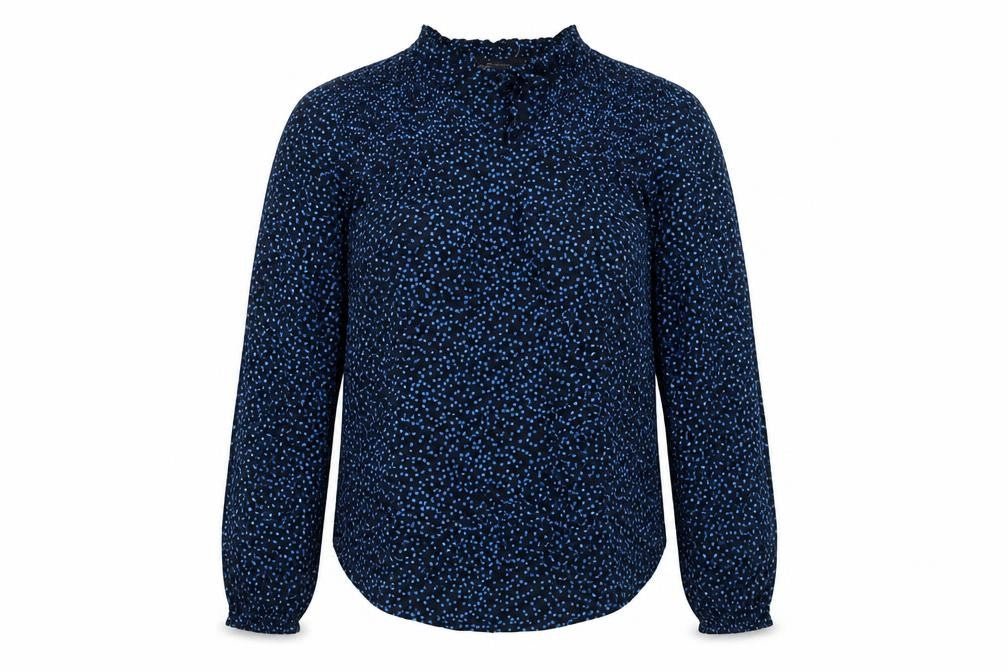Front view of Marks & Spencer women’s blue polka dot viscose basic blouse, size UK 6, round neck