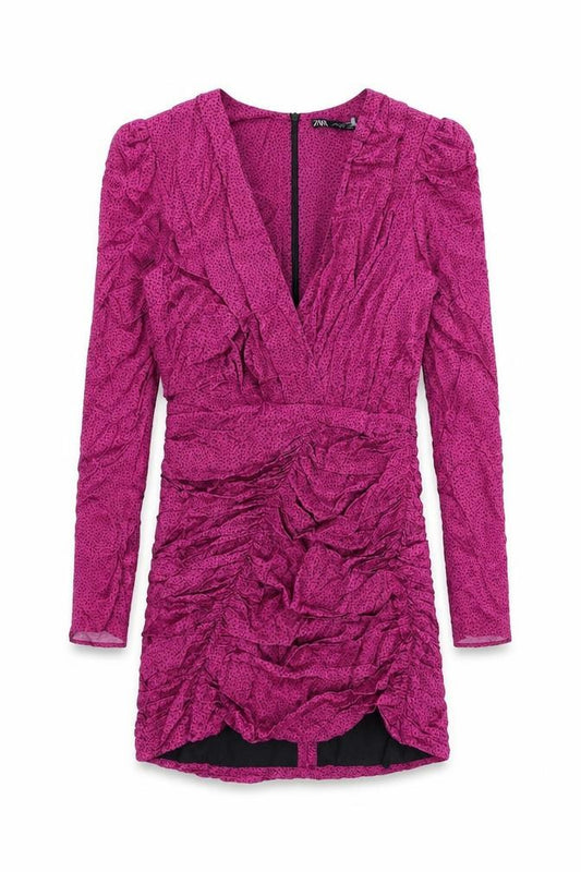 Front view of Zara women’s pink polka dot viscose bodycon, size S, v-neck zip