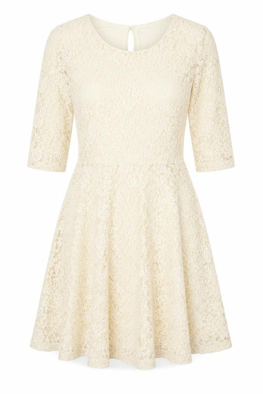 Front view of Mela London women’s gold polyester a-line, size UK 10, round neck hook & loop