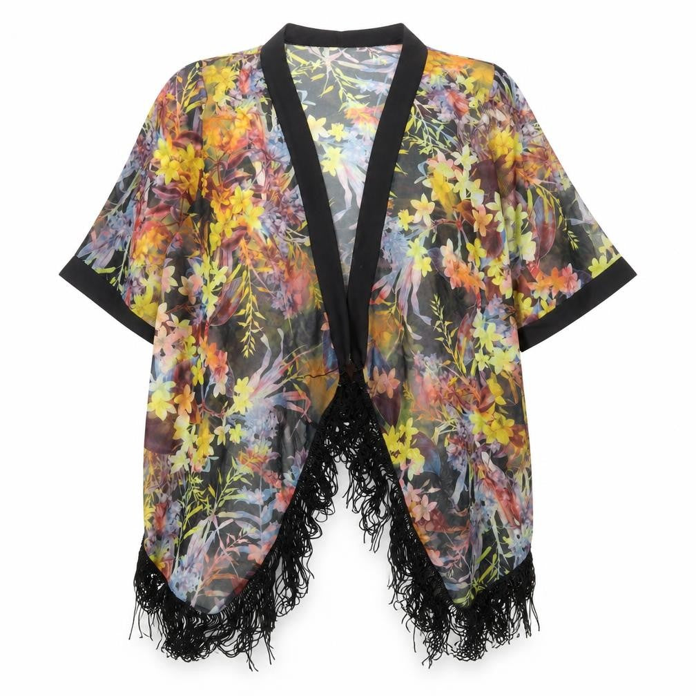 Front view of VOULEY VOUS women’s multicoloured floral polyester jersey blouse, size L, v-neck