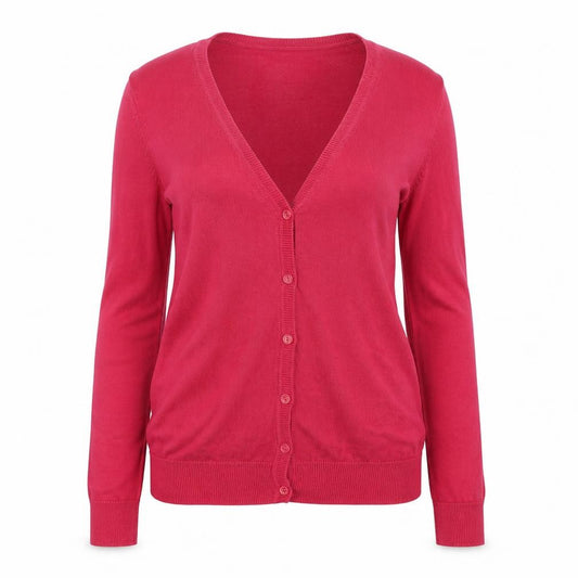 Front view of La Redoute women’s pink v-neck cotton cardigan jumper, size UK 6