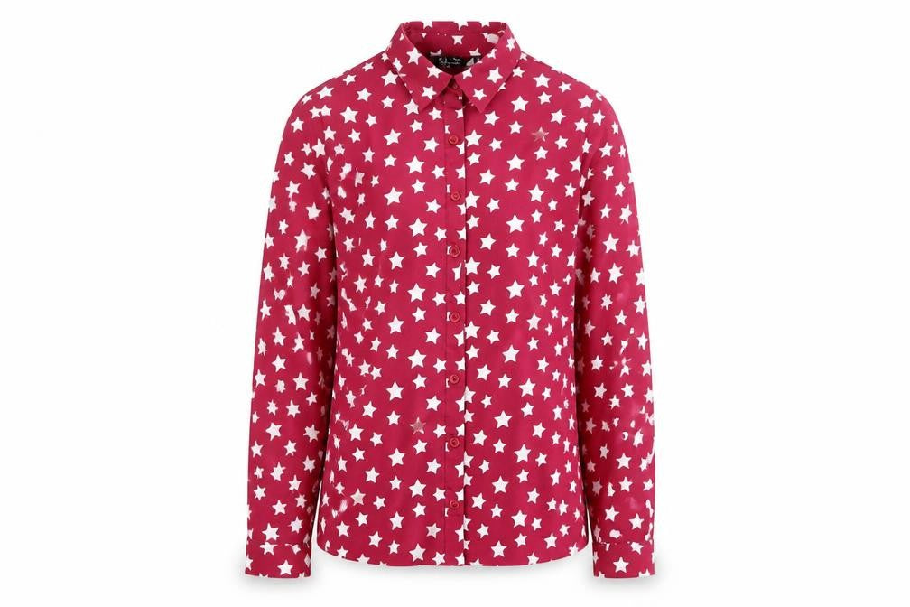 Front view of New Look girls’ purple geometric polyester basic button-up, size 13, years collared button - star pattern