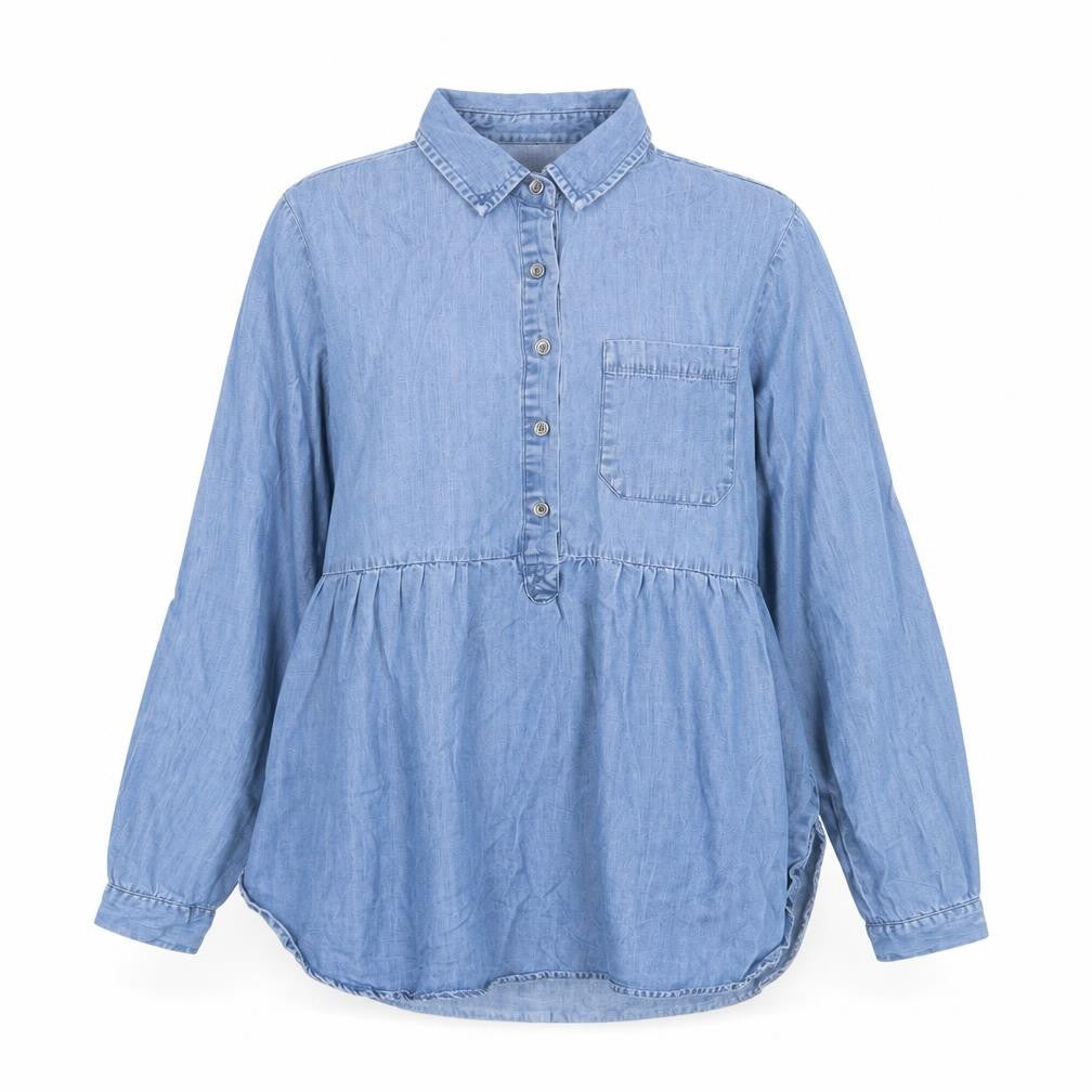 Front view of Falmer Heritage women’s blue lyocell basic blouse, size UK 10, collared - pocket detail