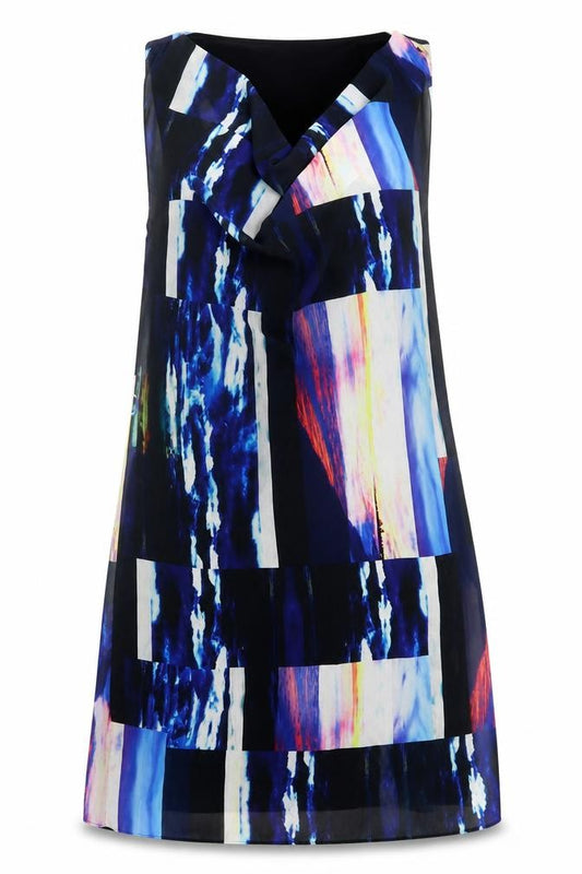 Front view of Warehouse women’s blue geometric polyester a-line, size UK 8, cowl neck pullover