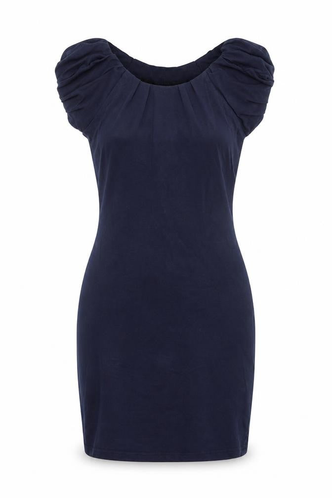 Front view of Lila women’s blue viscose bodycon, size UK 8, scoop neck pullover