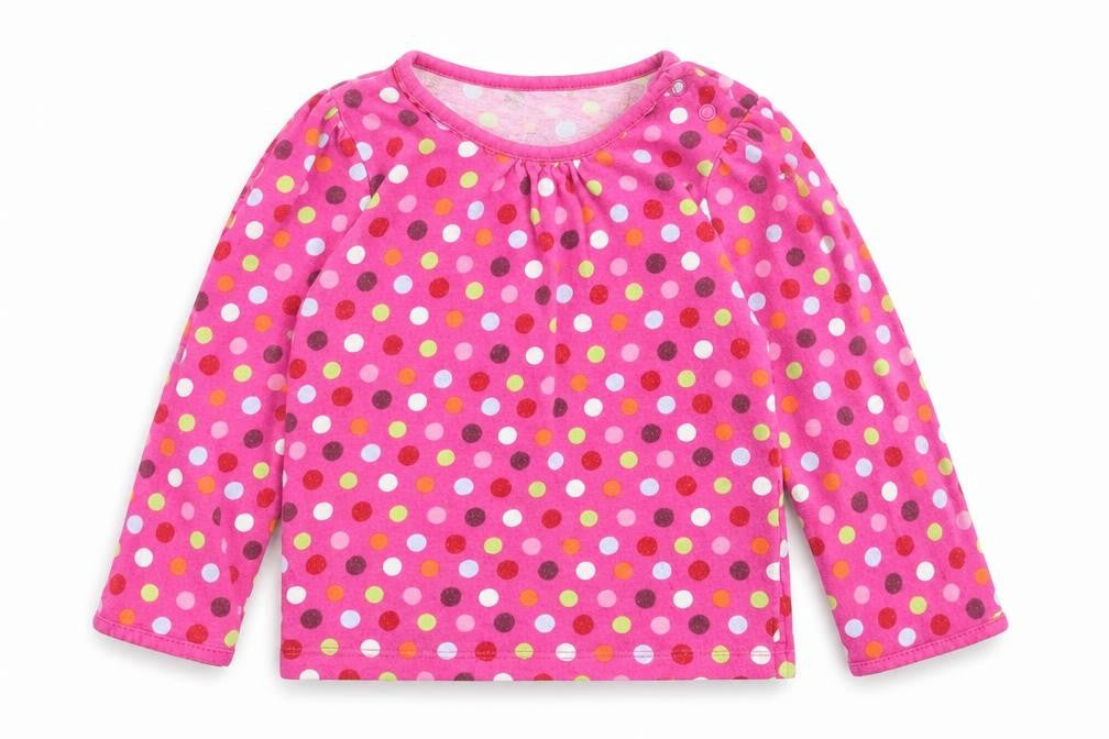 Front view of Tu girls’ pink polka dot cotton basic casual, size 2, years crew neck button