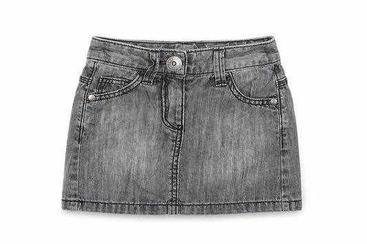 Front view of Next girls’ grey cotton a-line skirt, size 4, years regular button