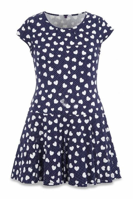 Front view of women’s blue geometric polyester a-line, size UK 12, crew neck pullover - hearts