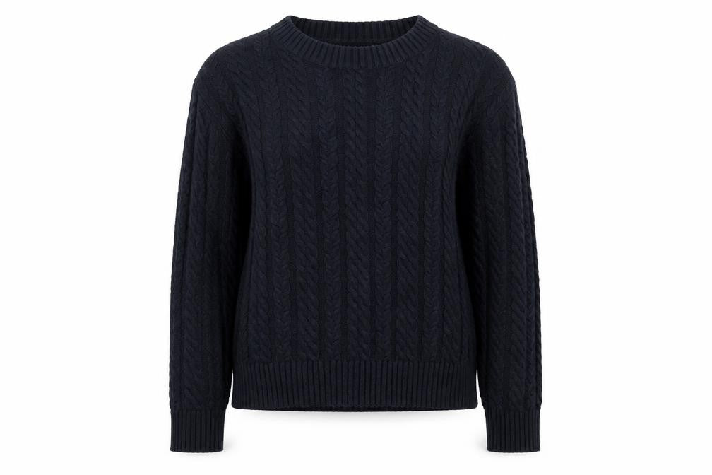 Front view of H&M women’s blue crew neck acrylic jumper, size M