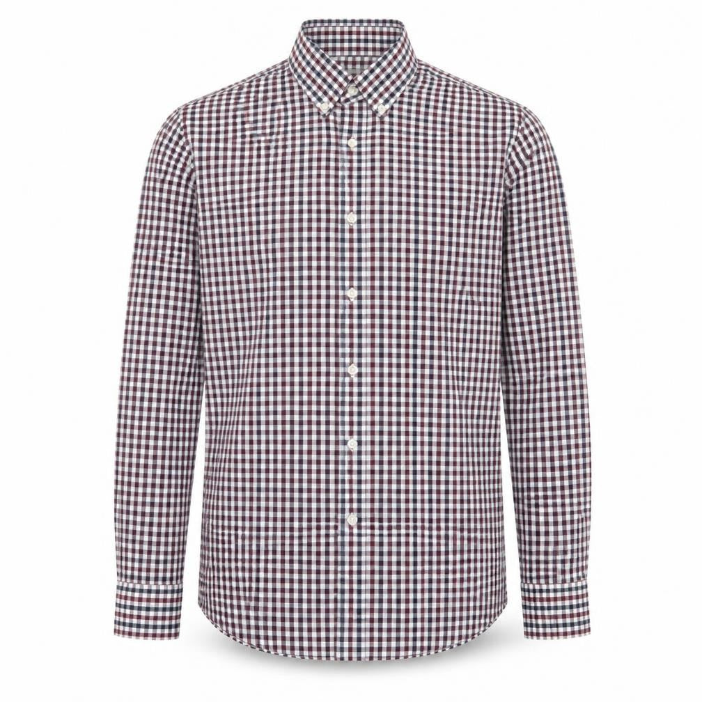 Front view of Next men’s red plaid cotton button-up, size 14.5 collared button