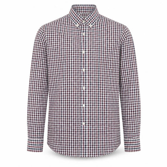 Front view of Next men’s red plaid cotton button-up, size 14.5 collared button