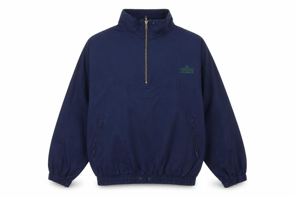 Front view of Olympus men’s blue jacket, size L, zip