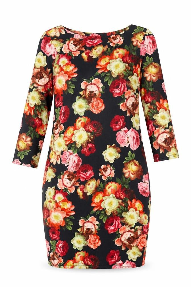 Front view of Red Herring women’s multicoloured floral polyester bodycon, size UK 8, round neck pullover