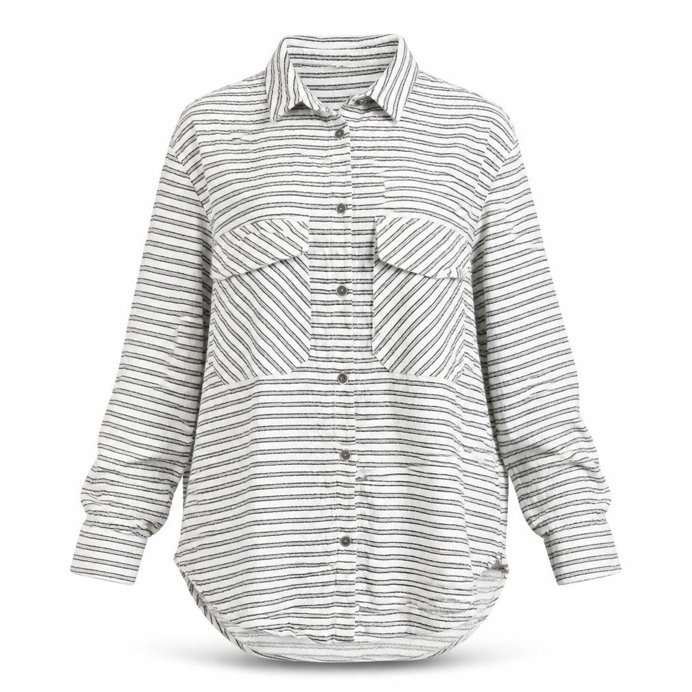 Front view of Ming women’s white striped polyester basic button-up, size L, collared
