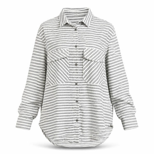 Front view of Ming women’s white striped polyester basic button-up, size L, collared